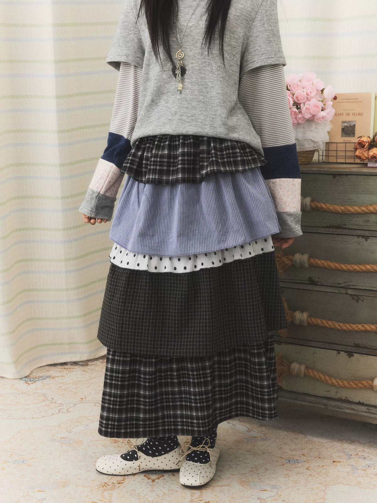Mixed Plaid Tiered Patchwork Midi Skirt