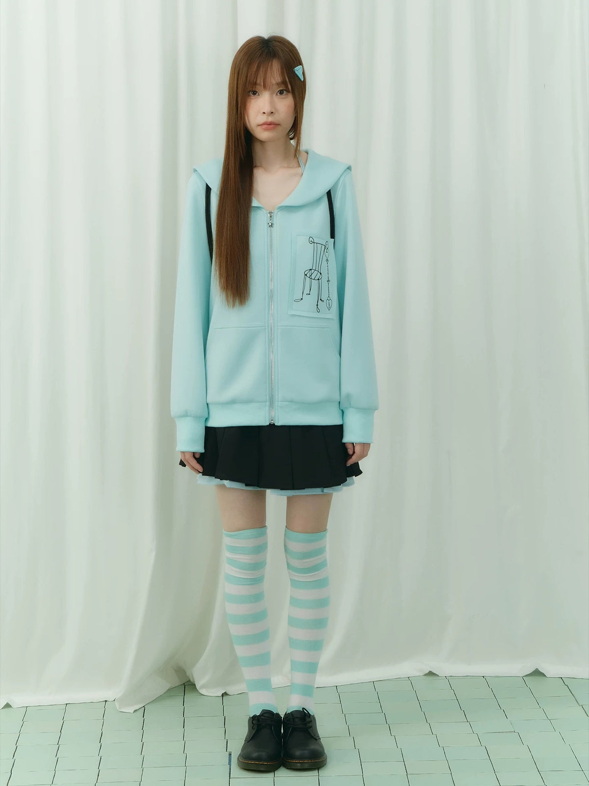 Mint Sailor-Collar Graphic Zip-Up Jacket