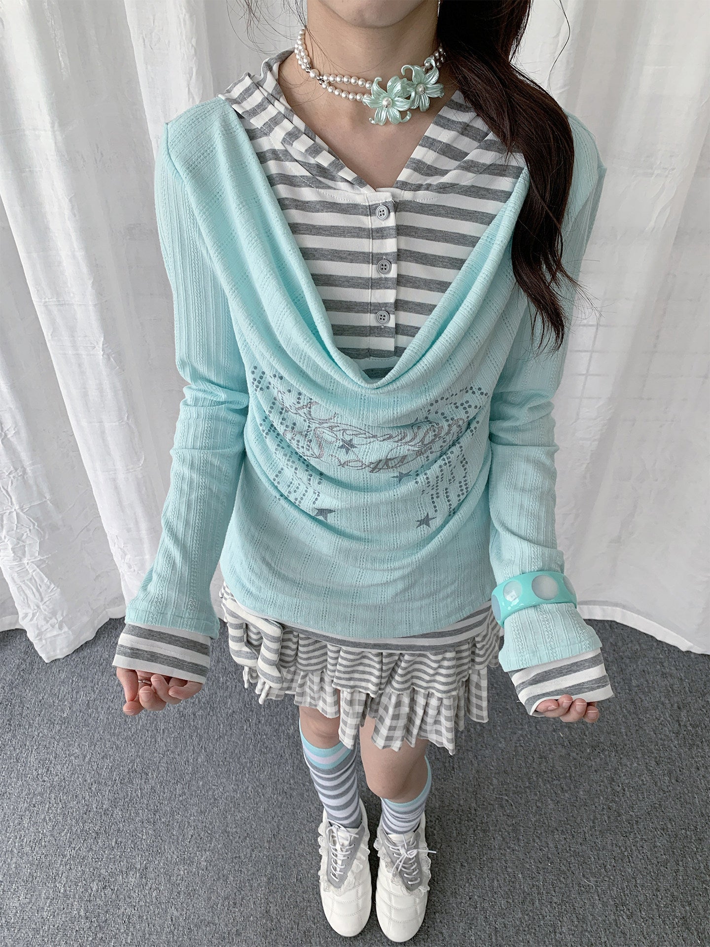 Draped Stripe-Collar Faux-Layer Long-Sleeve Top