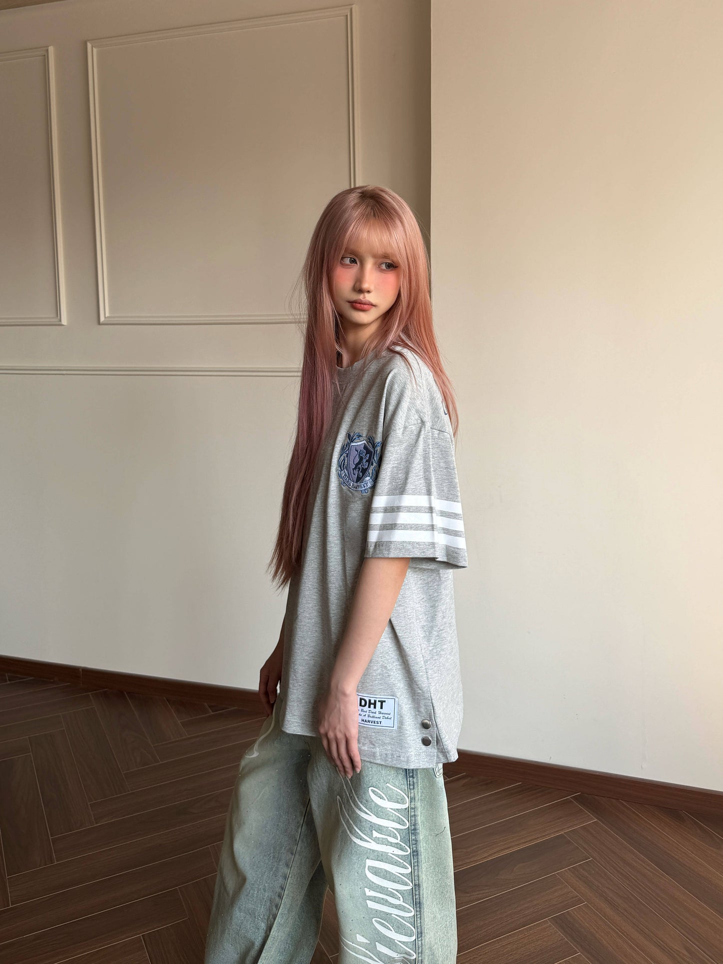 College Snap Button Tee — Stripe Sleeve Loose Fit