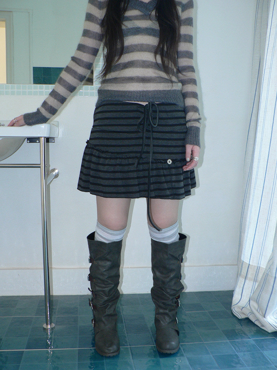 Striped Pleated Tie-Waist Mini Skirt