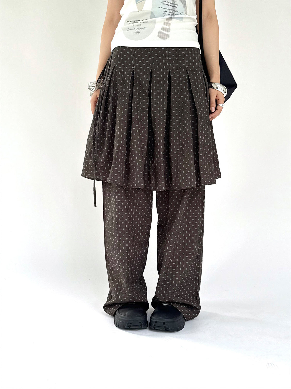 Polka Dot Layered Skirt Wide-Leg Pants