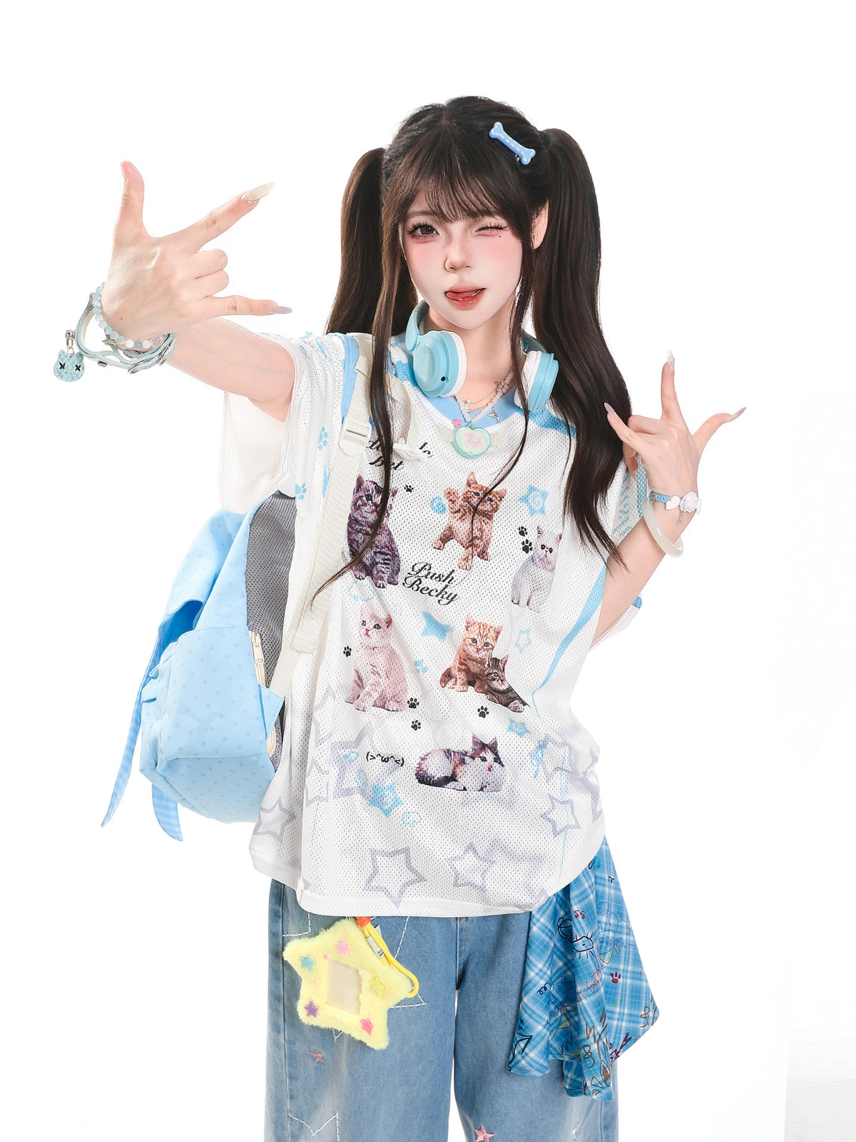 Cartoon Cat V-Neck Oversized Tee