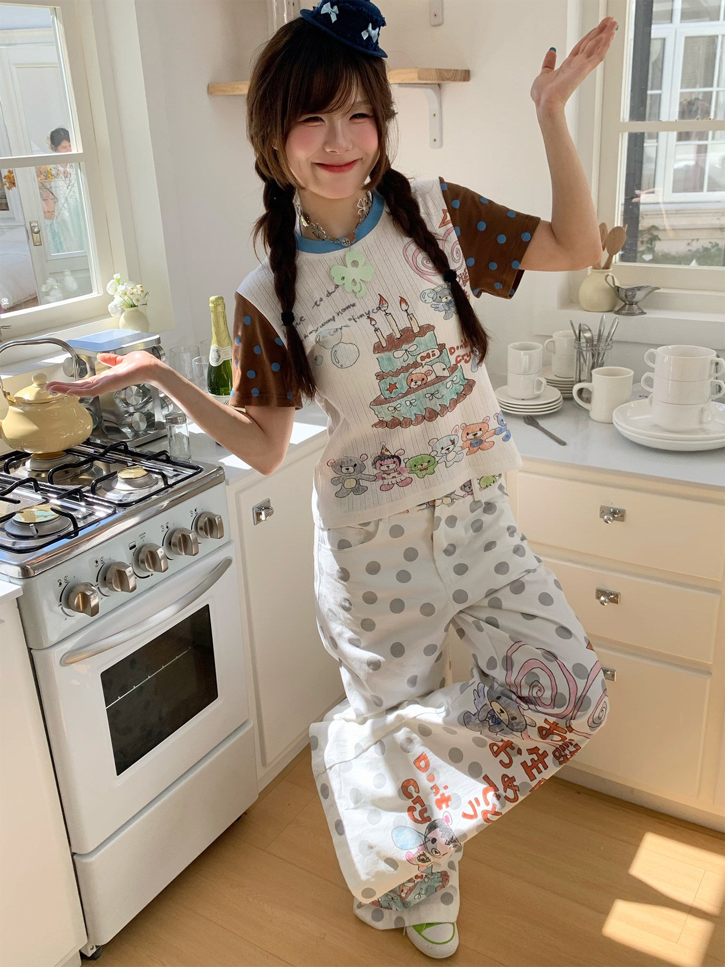 Happy Birthday Bear Gray Polka Dot Wide-Leg Pants