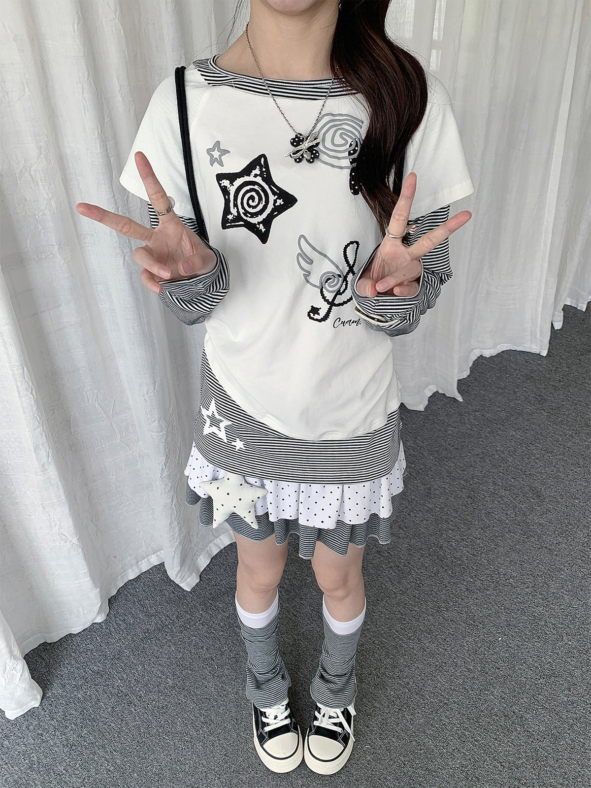 Music Star Faux-Layered Long Sleeve Top