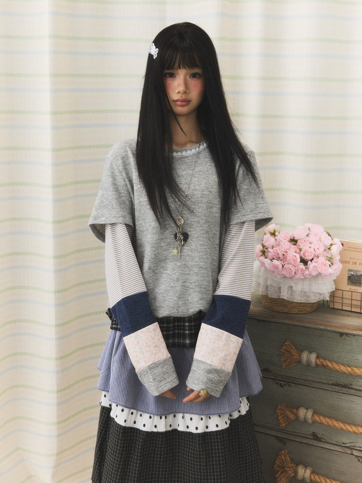 Gray Patchwork Layered Long Sleeve Top
