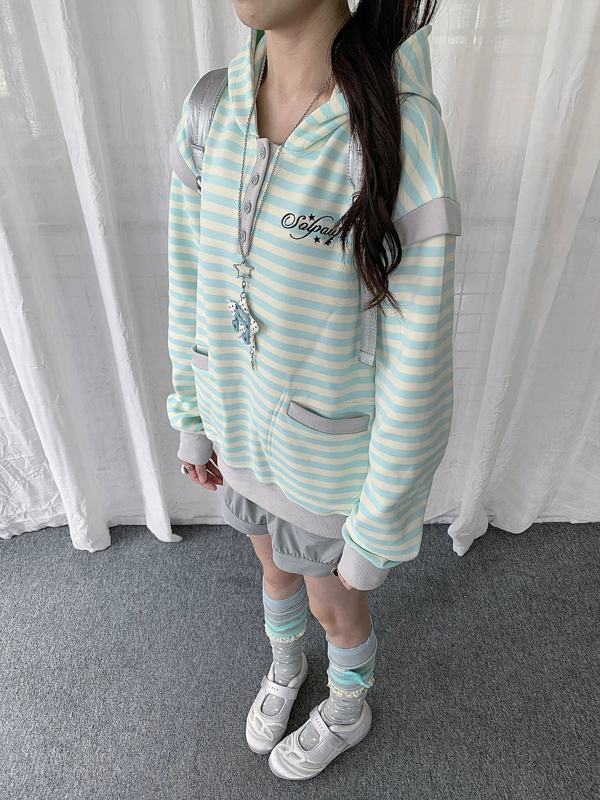 Striped Half-Placket Hooded Pullover