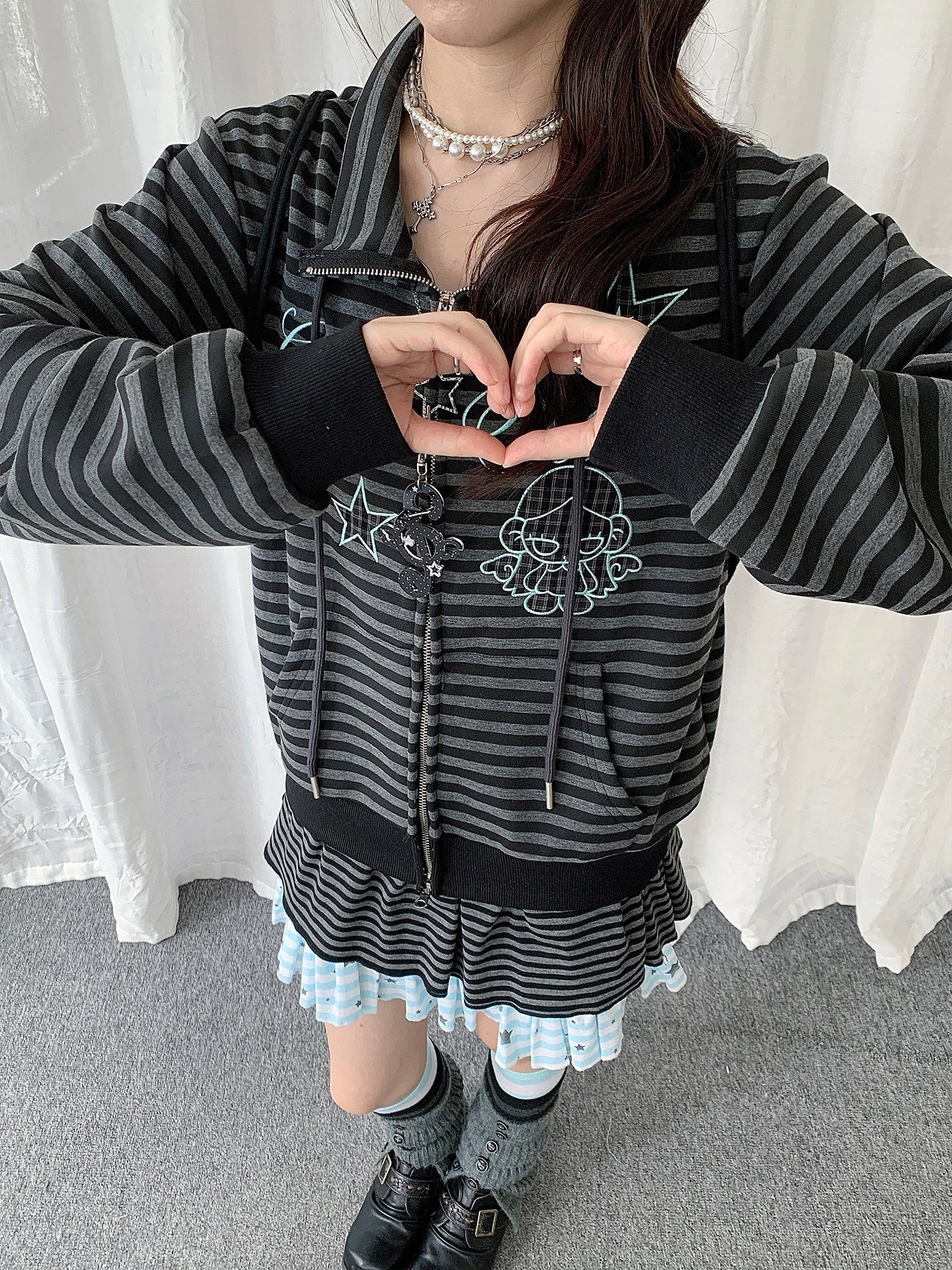 Star Charm Striped Embroidered Zip-Up Jacket