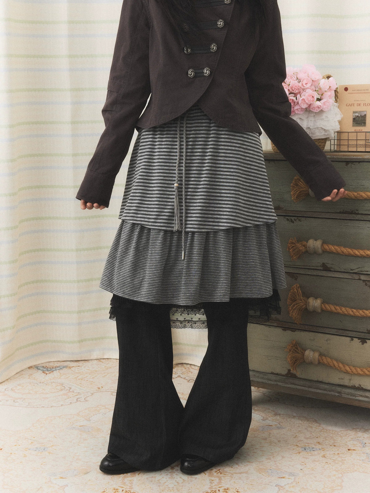 Striped Layered Skirt Wide-Leg Pants