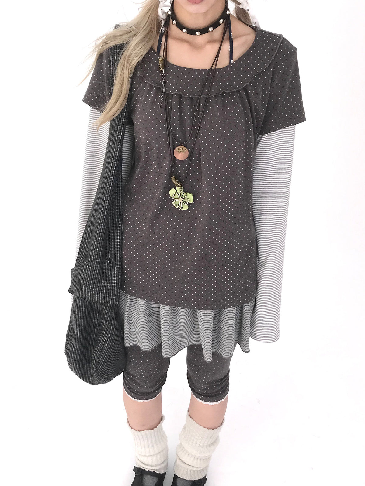 Polka Dot Striped Ruffle Layered Long Sleeve Top