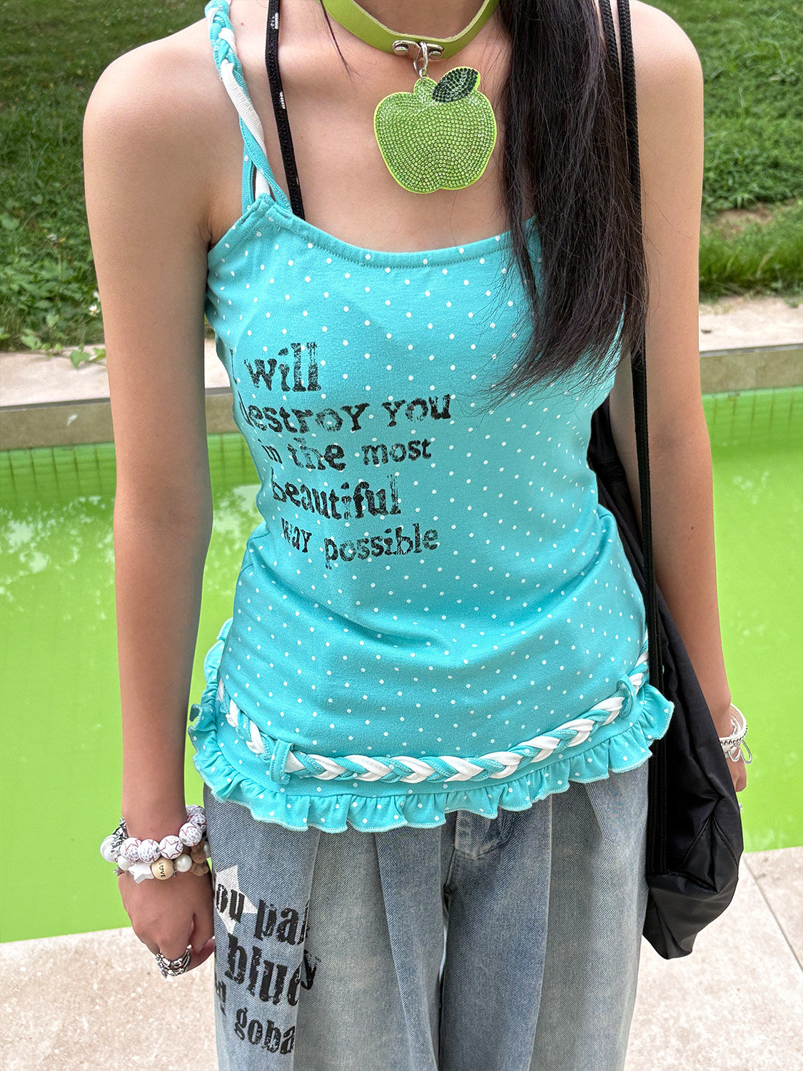 Aqua Polka Dot Braided Ruffle Tank Top
