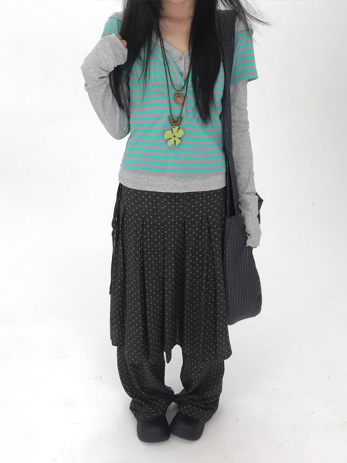 Striped Faux-Layered Hooded Long Sleeve Top