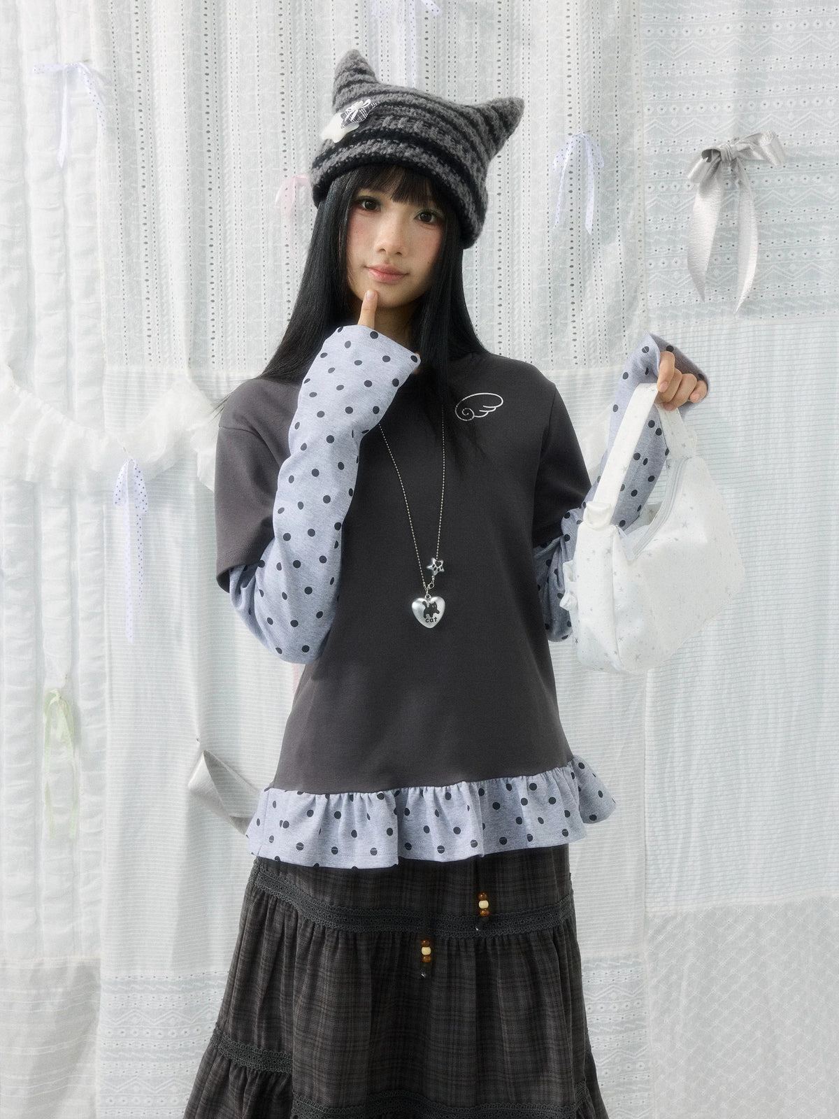 Angel Wing Polka-Dot Layered Hooded Long Sleeve Top