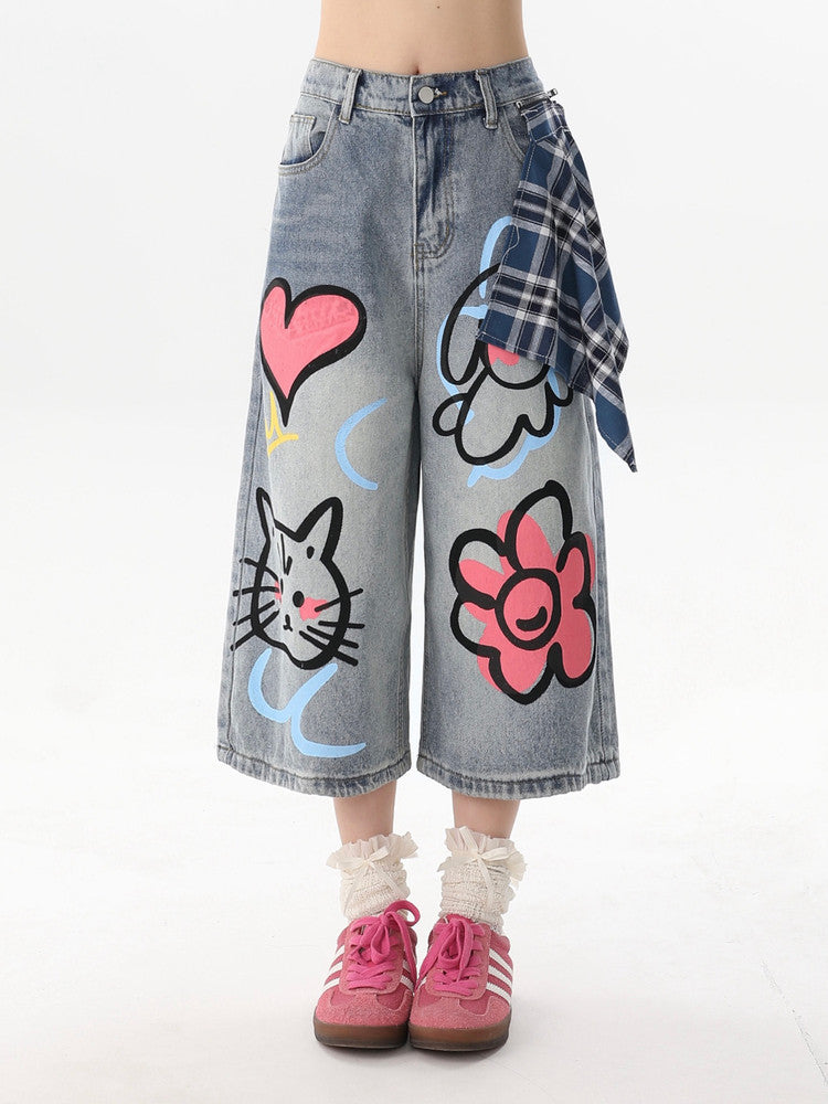 Doodle Art Cropped Wide-Leg Jeans