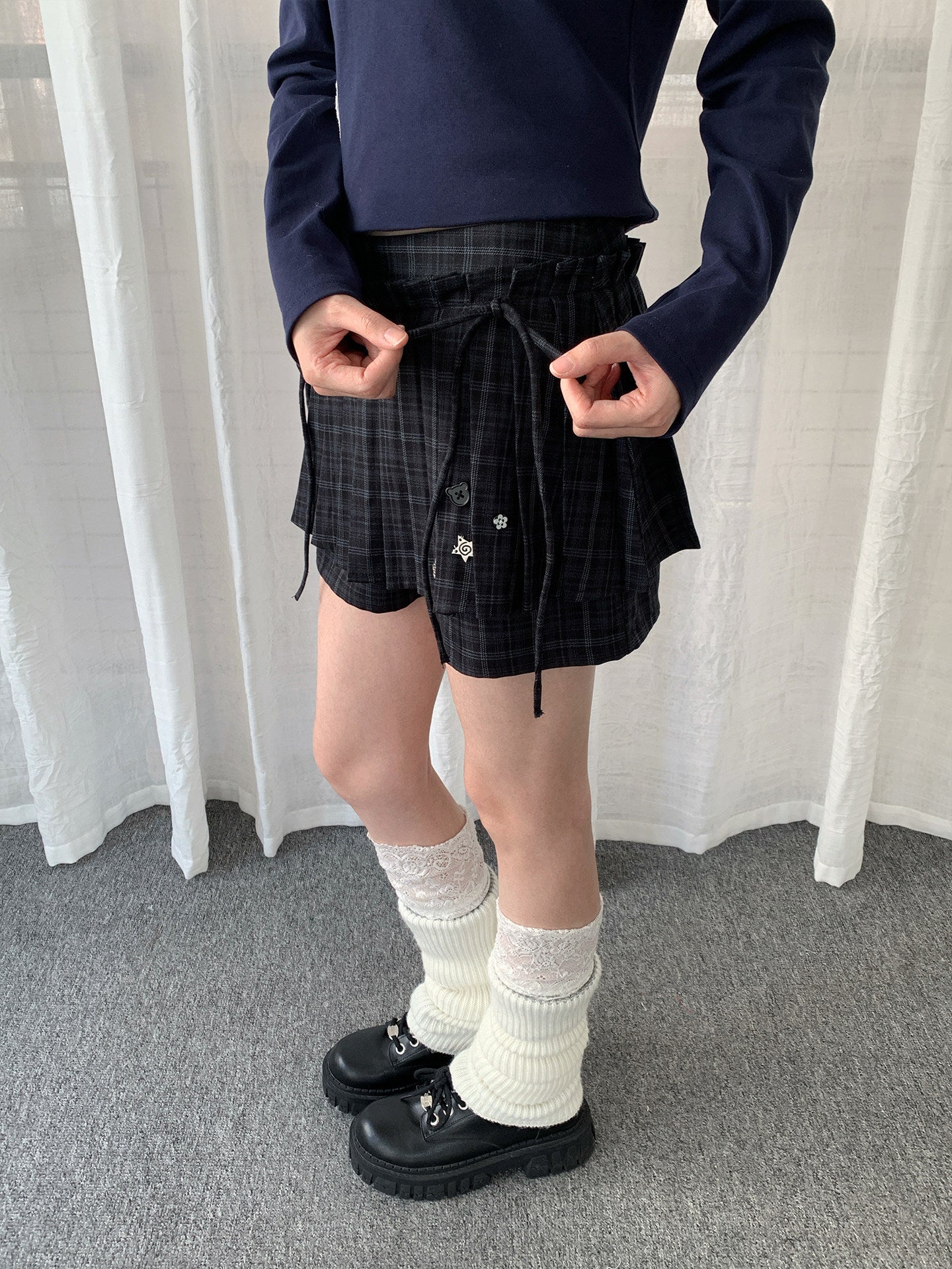 Vintage Plaid Layered Tie-Waist Skort Shorts