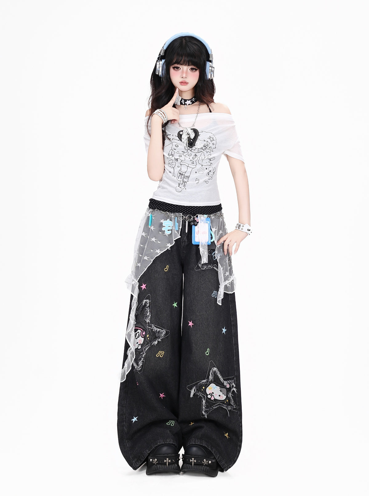 Star Cat Patch Wide-Leg Jeans with Card Holder Charm