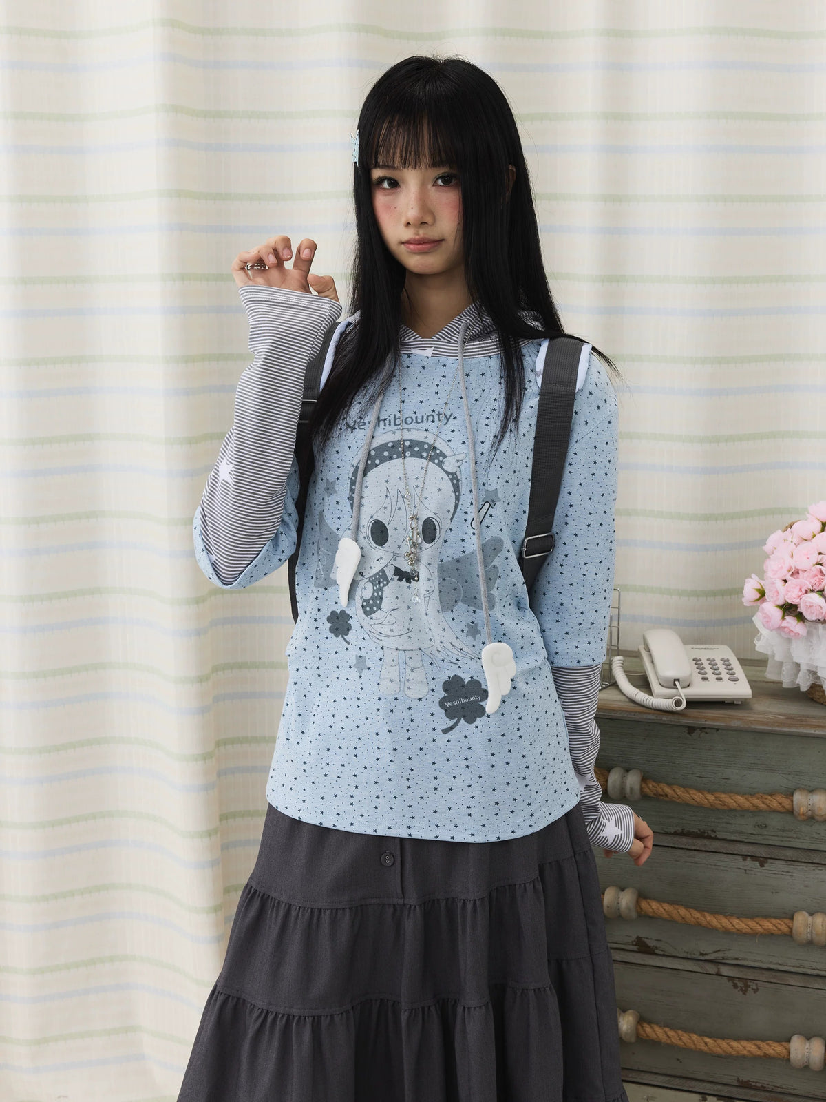 Cartoon Star Print Faux-Layer Hooded Top