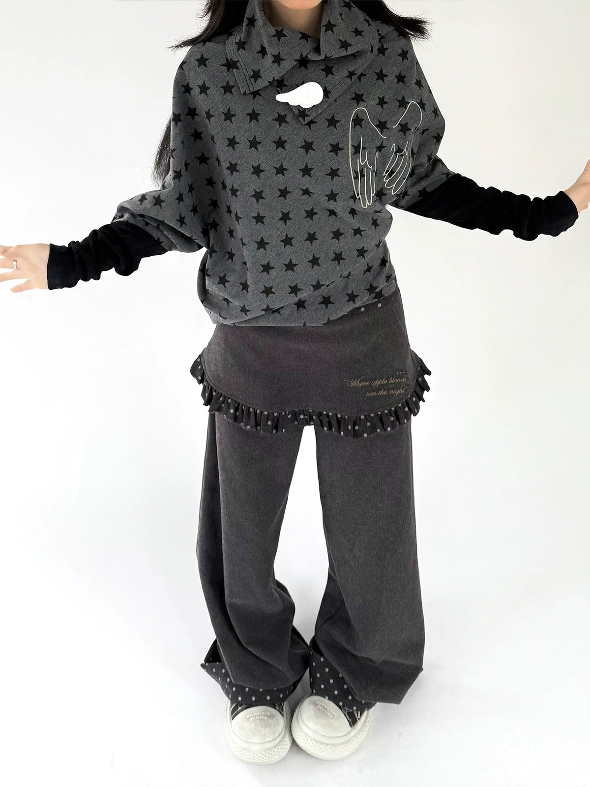 Charcoal Polka Dot Faux-Layer Wide-Leg Pants