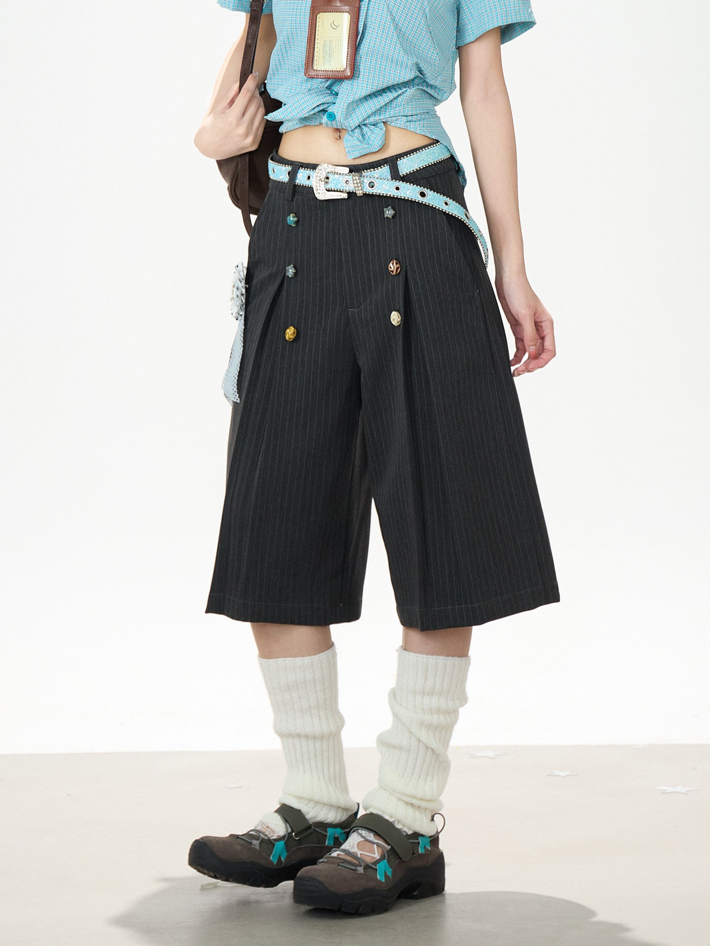 Dark Gray Pinstripe Wide-Leg Shorts