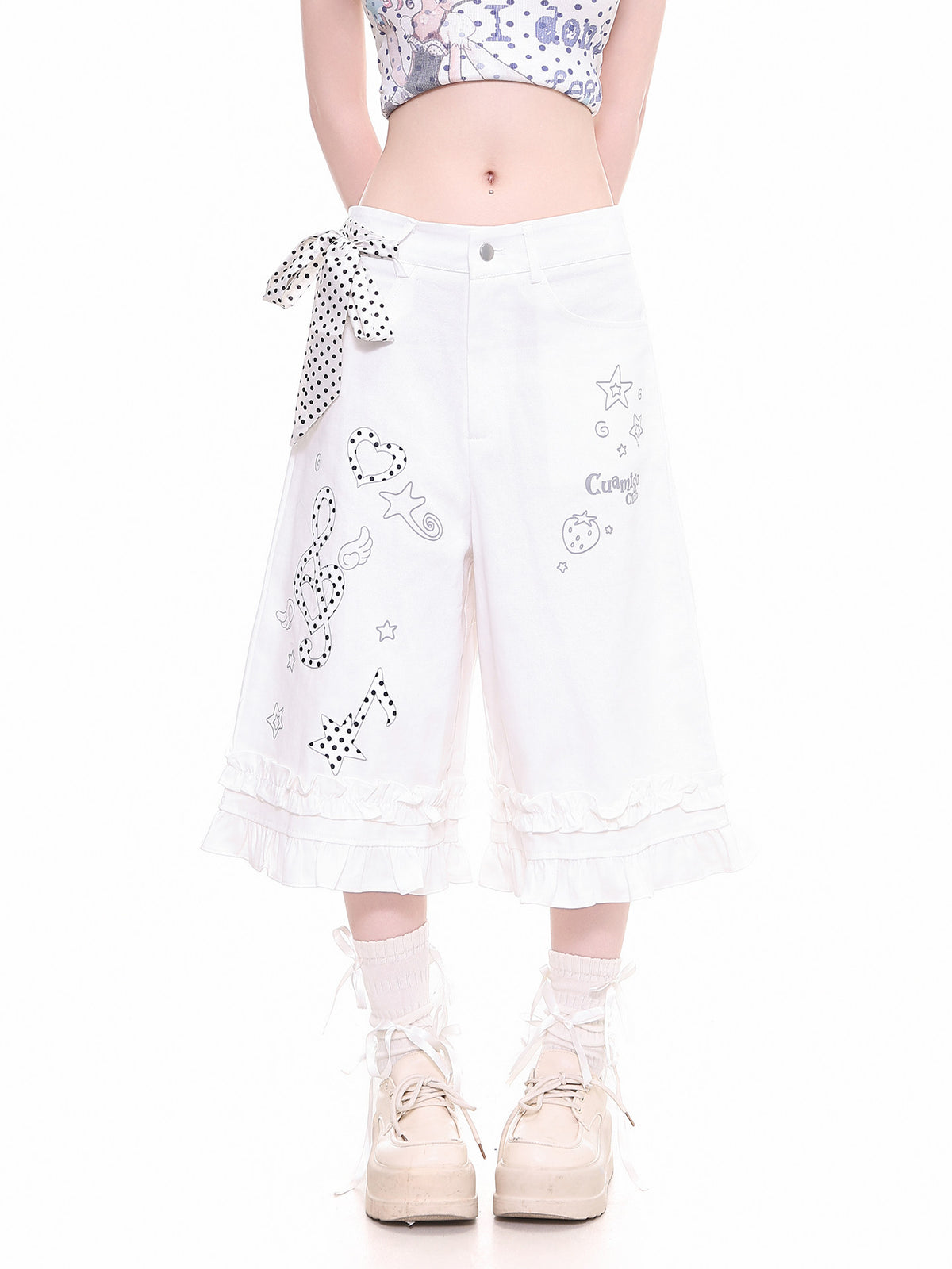 Polka Dot Music Note Ruffle Capri Pants