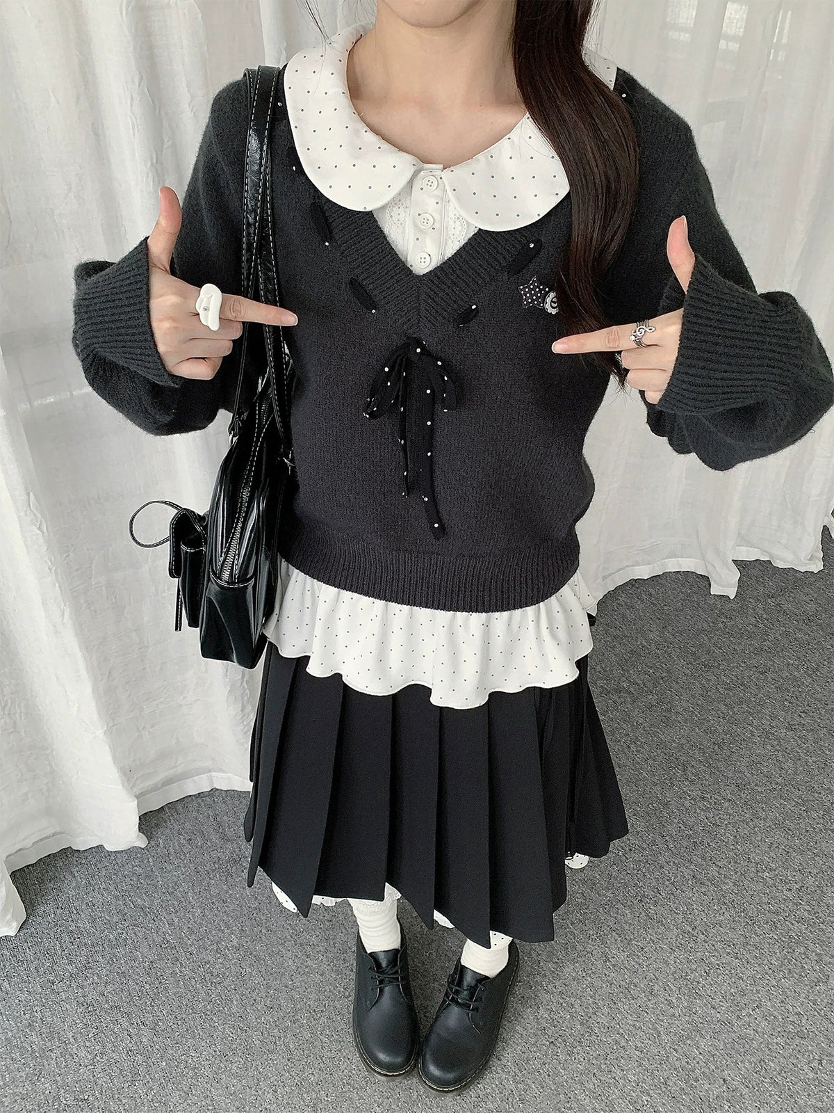Black Bow Knit Sweater & Polka Dot Peter Pan Collar Two-Piece Set