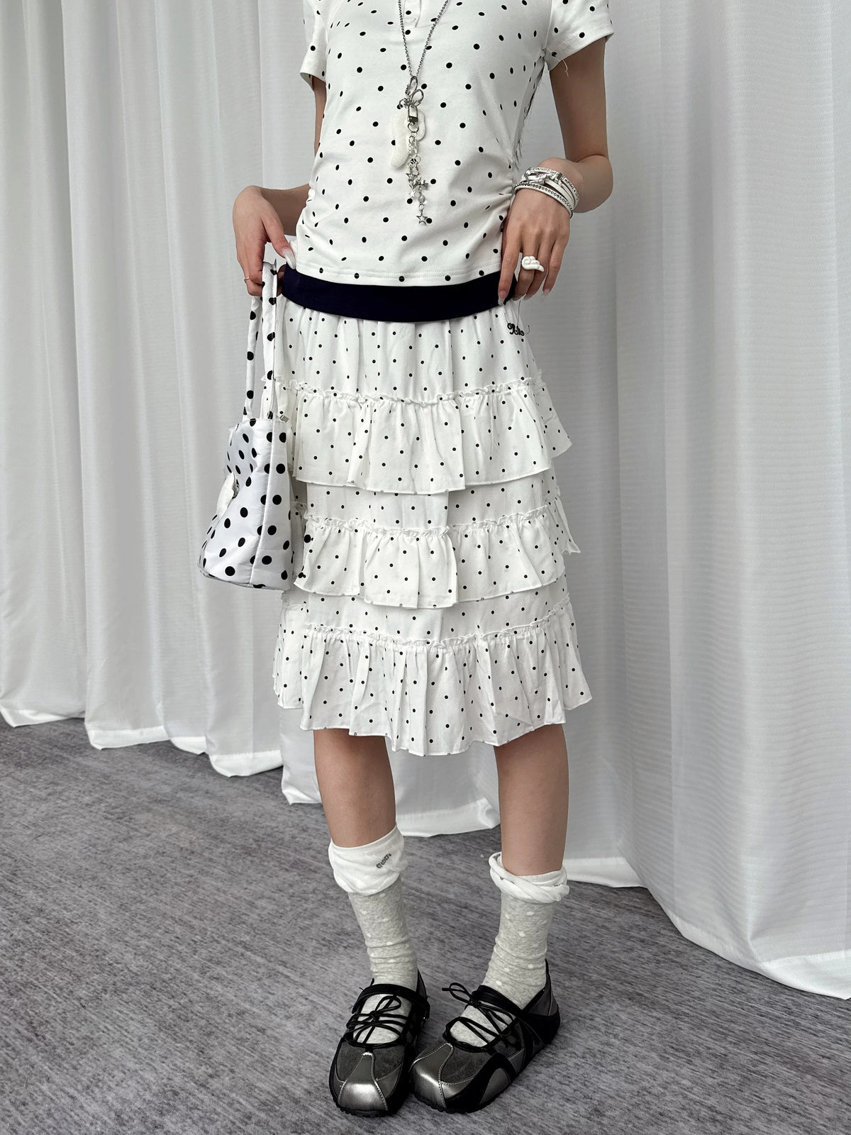 Paw Embroidered Polka Dot Tiered Midi Skirt