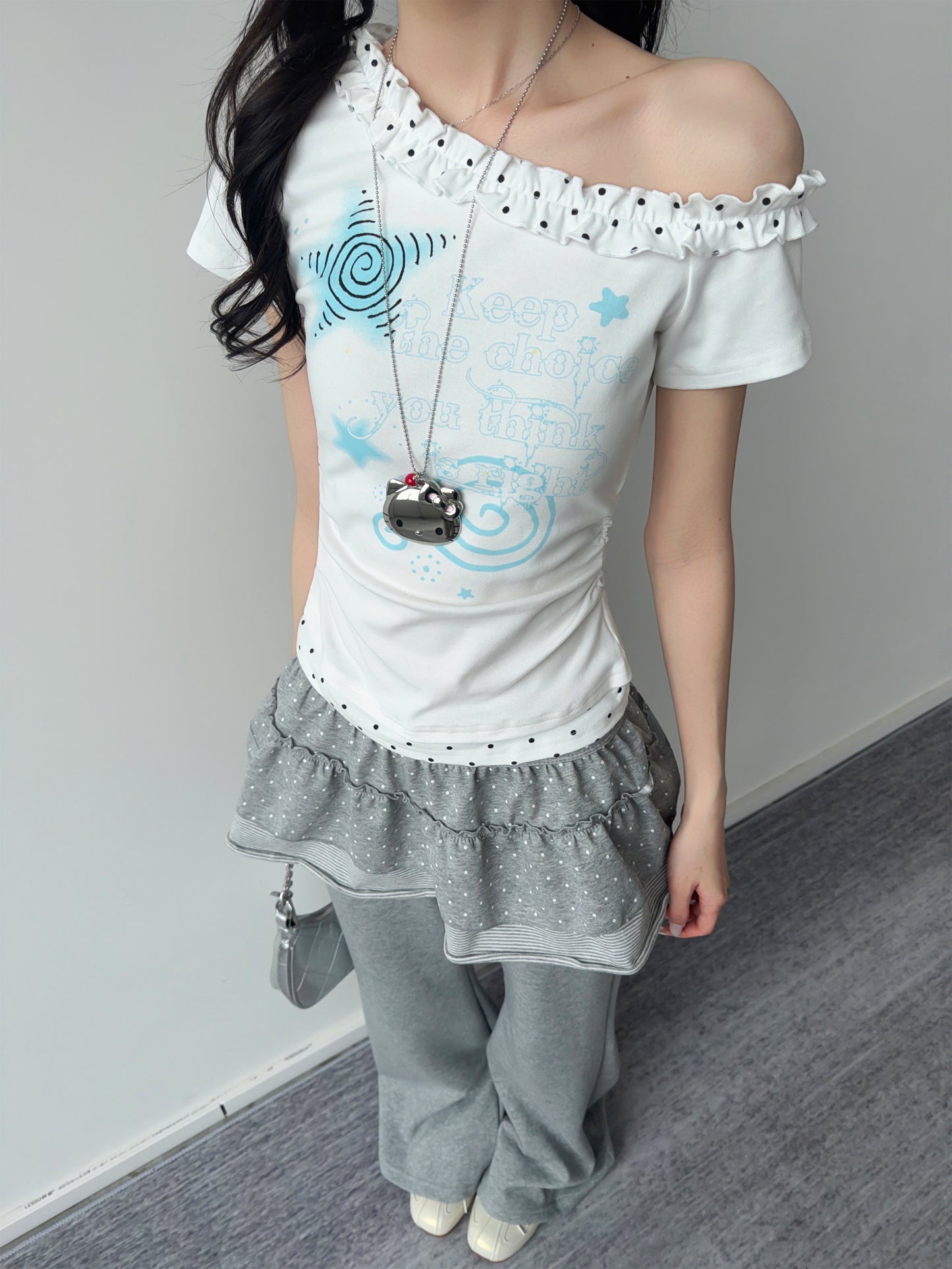 Blue Star Polka Dot Ruffle One-Shoulder Tee