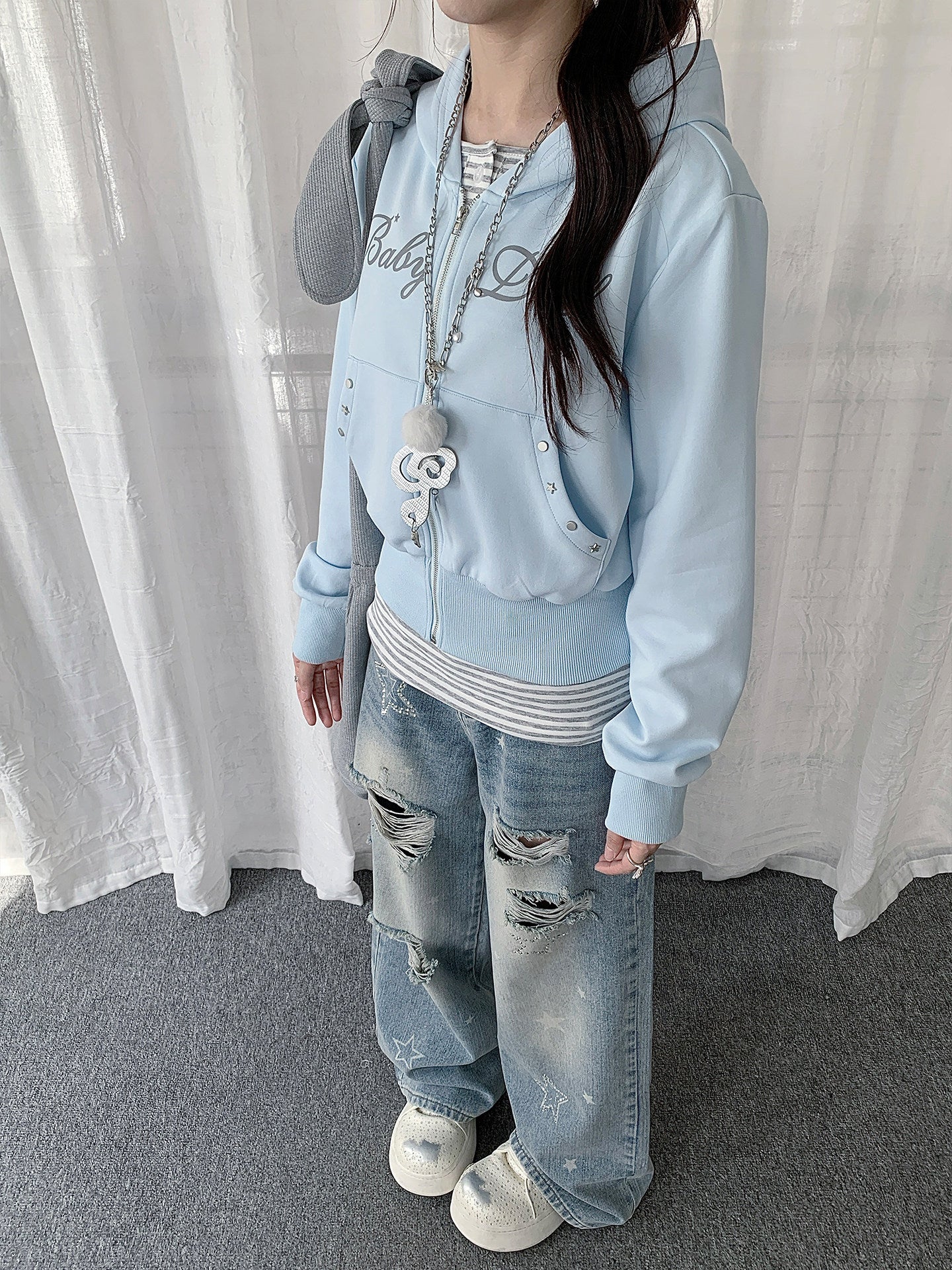 Baby Blue Studded Letter Cropped Zip Hoodie