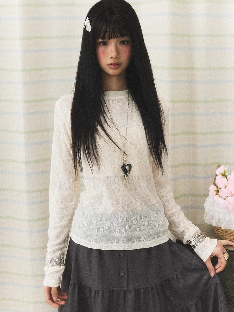 Floral Lace Long Sleeve & Jacquard Knit Short Sleeve Top