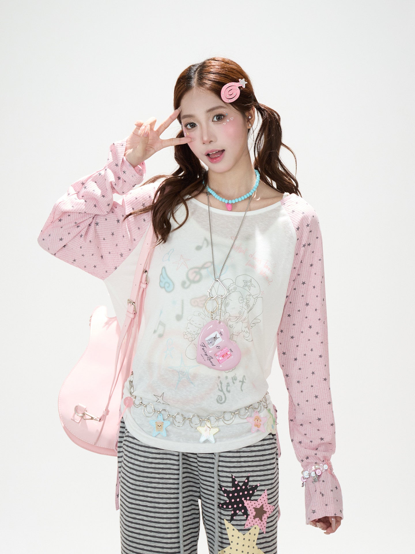 Dreamy Star Raglan Long Sleeve Top & Gray Striped Star Flare Pants