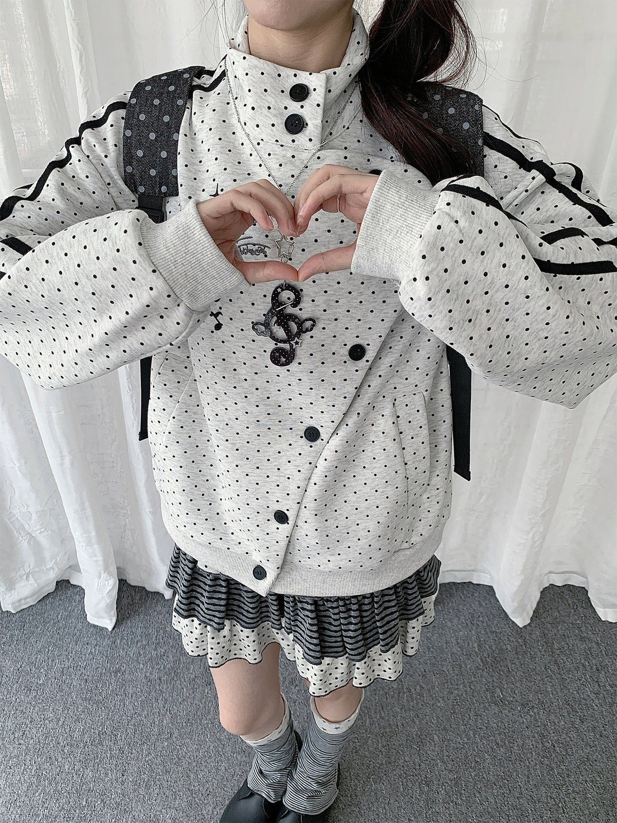 Polka Dot Asymmetric Button Track Jacket