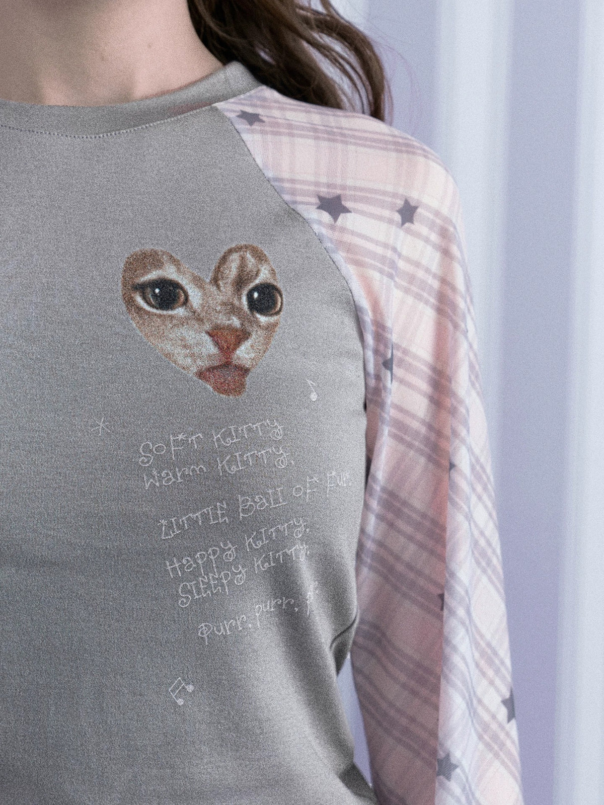 Gray-Pink Kitty Plaid Mesh Raglan Long-Sleeve Top