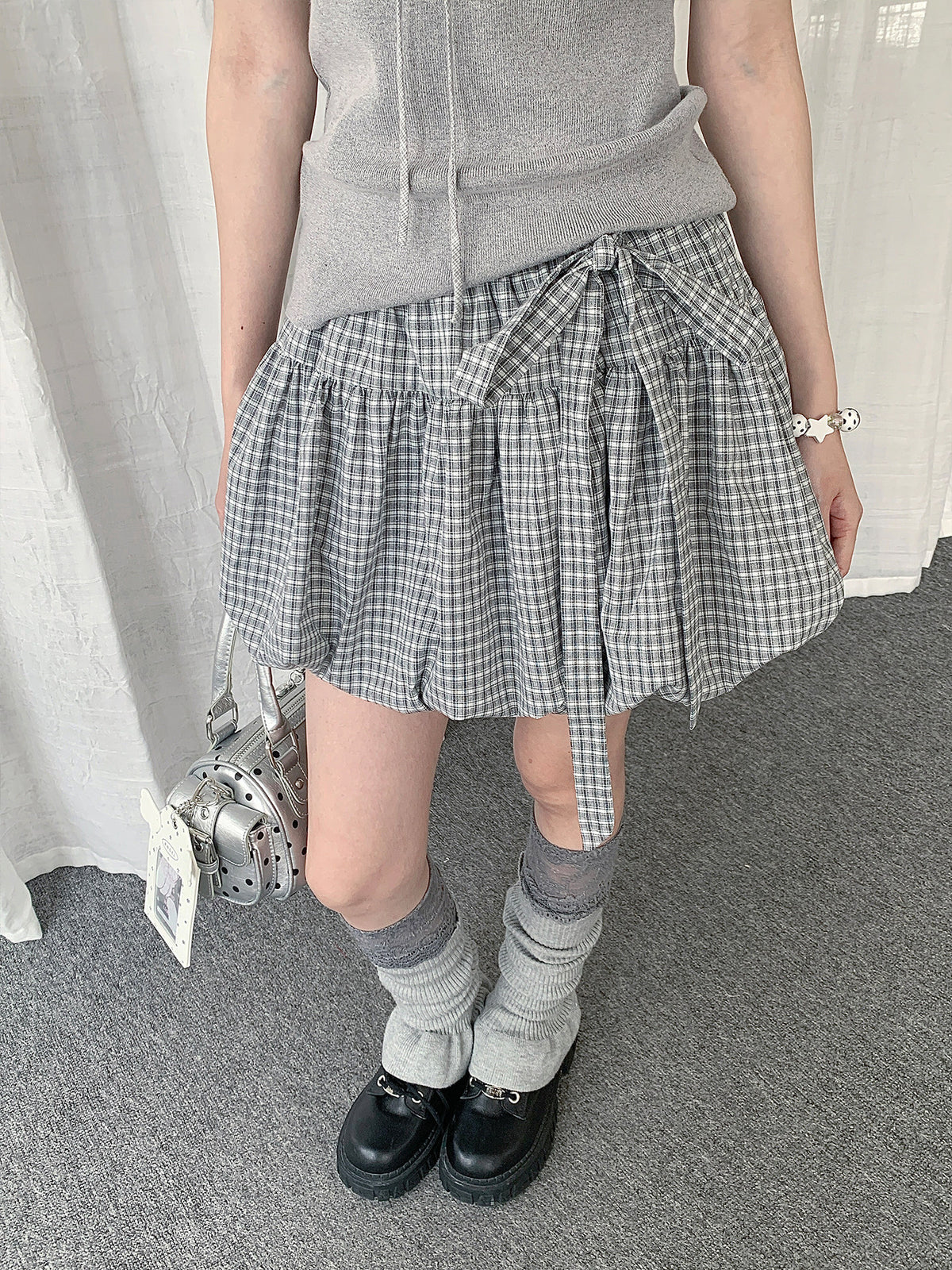 Light Gray Plaid Bow Bubble Mini Skirt