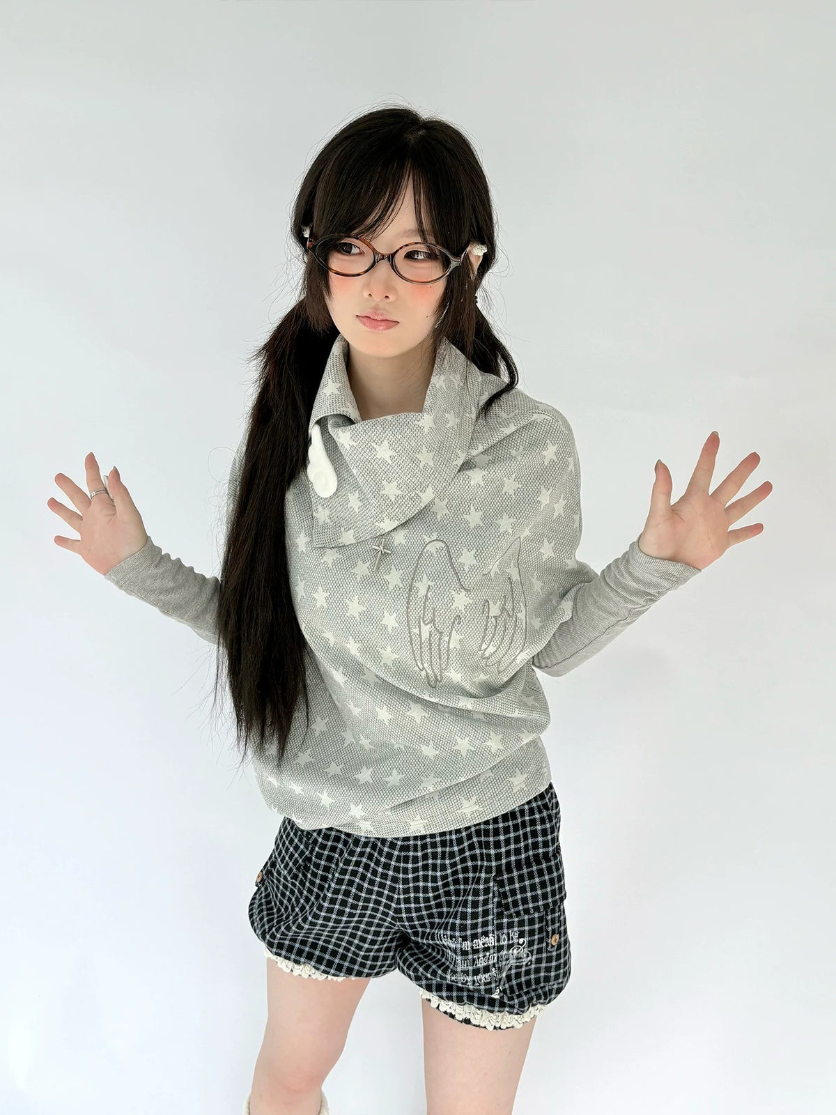 Asymmetric Star Drape Faux-Layer Long Sleeve Top