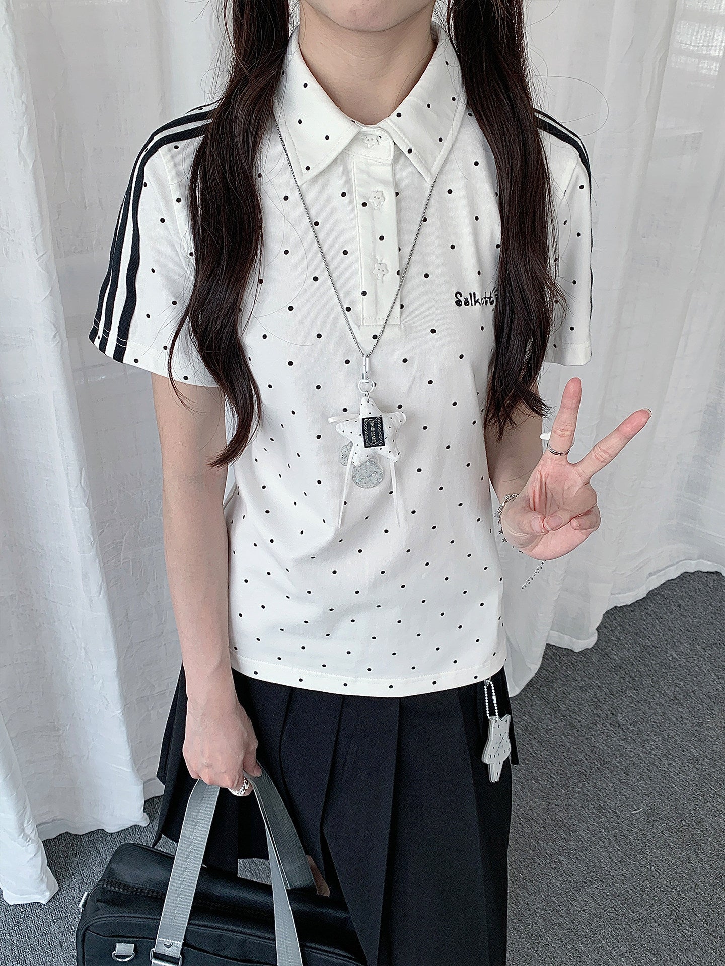 Polka Dot Stripe-Trim Fitted Polo Top