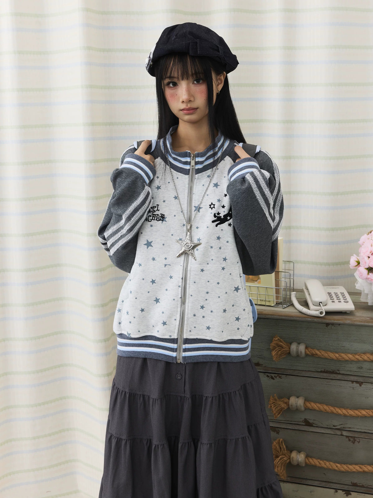 Star Contrast Zip-Up Hoodie
