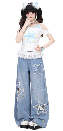Star Cat Patch Wide-Leg Jeans with Card Holder Charm