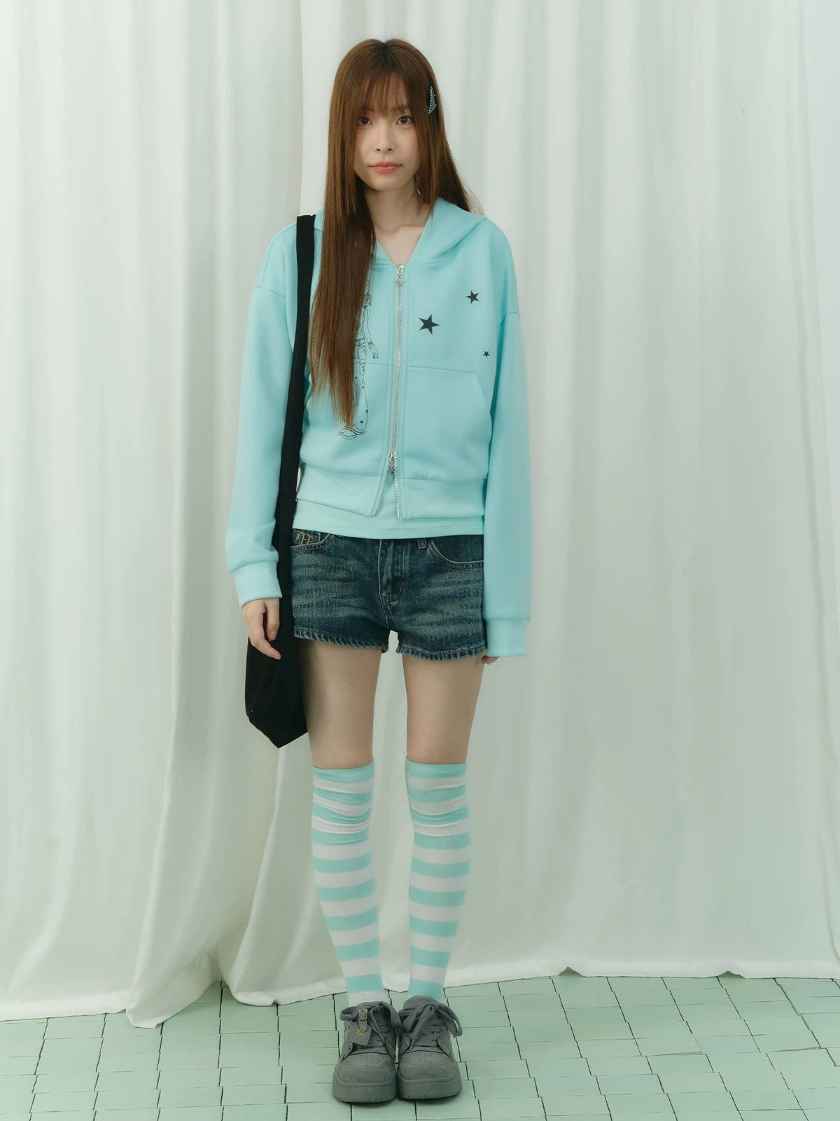 Mint Star Double-Zip Cropped Hoodie