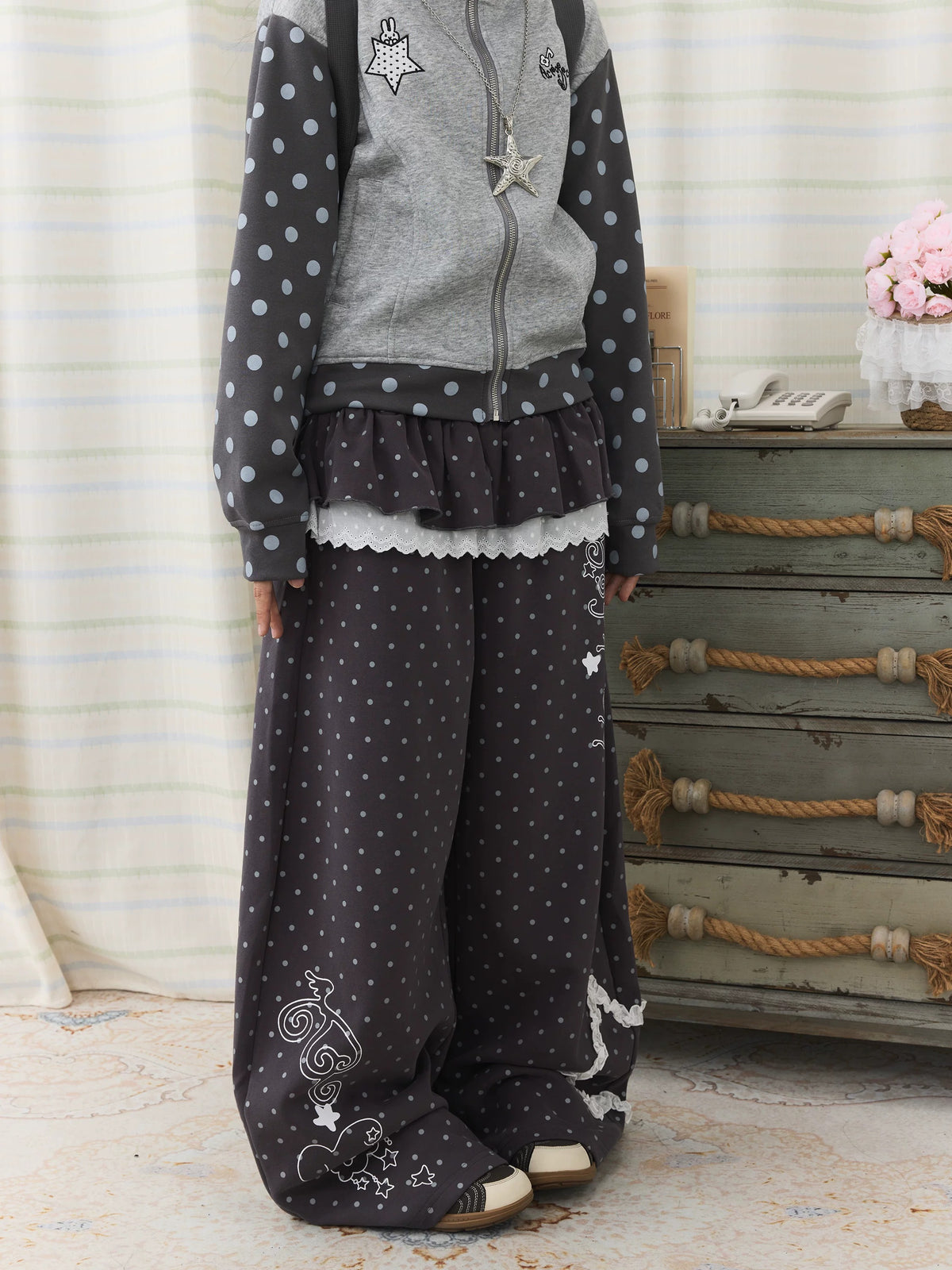 Polka Dot Lace Ruffle-Layer Wide-Leg Pants