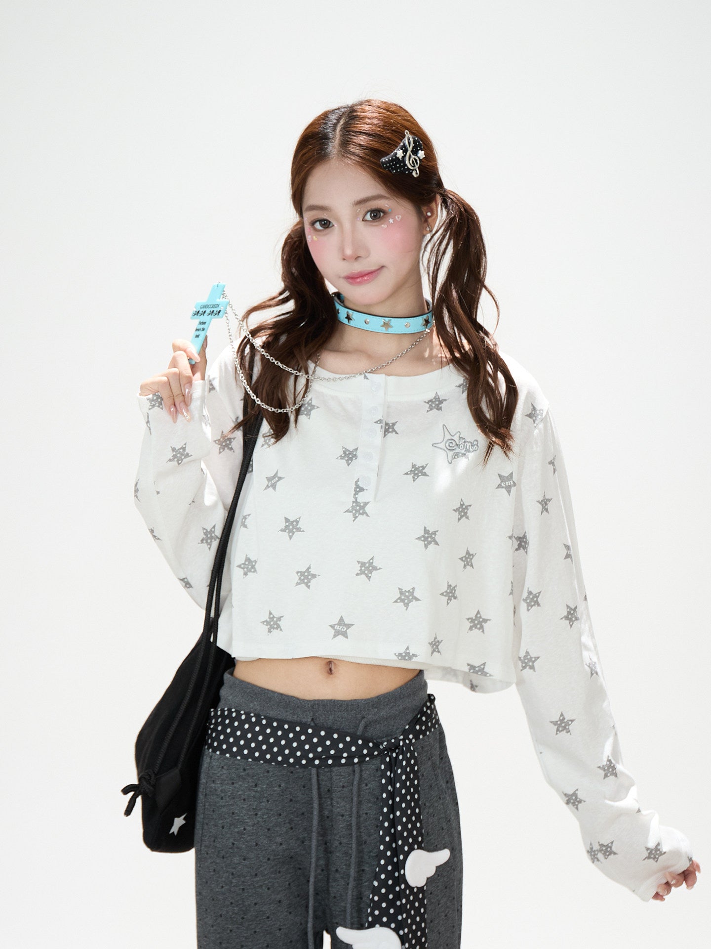 Allover Star Cropped Long Sleeve Top & Dark Heather Gray Wide Leg Pants