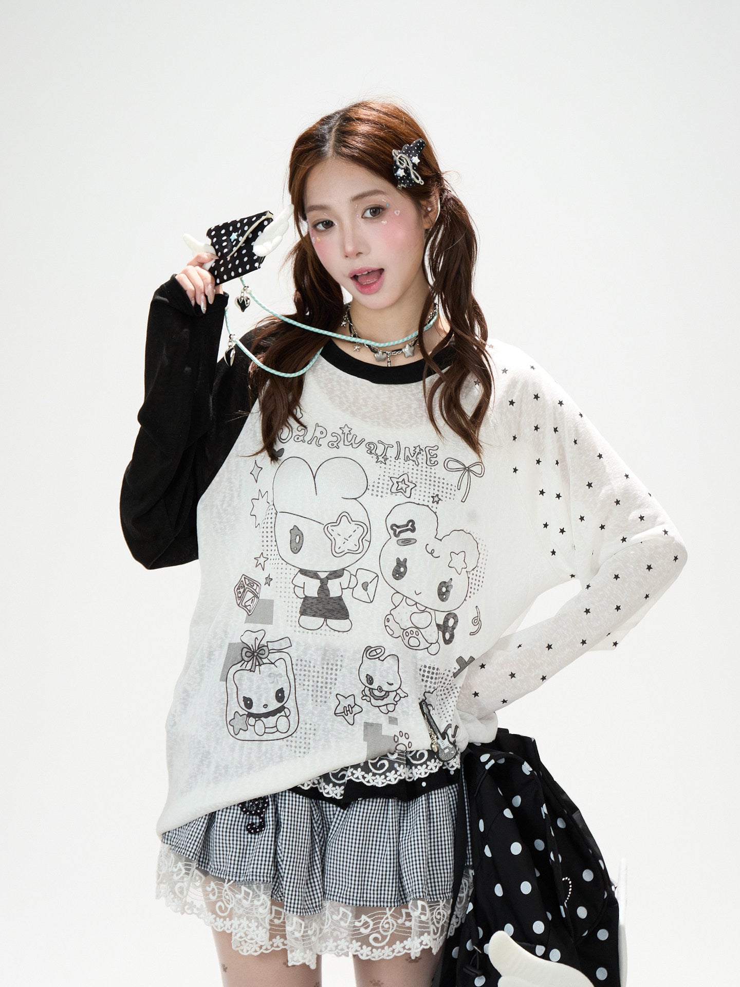 Cartoon Star Sheer Long Sleeve Top & Black Music Lace Gingham Mini Skirt