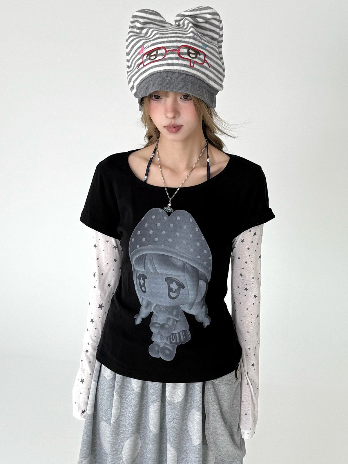 Mushroom Girl Star Faux-Layered Long Sleeve Tee