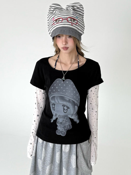 Mushroom Girl Star Faux-Layered Long Sleeve Tee