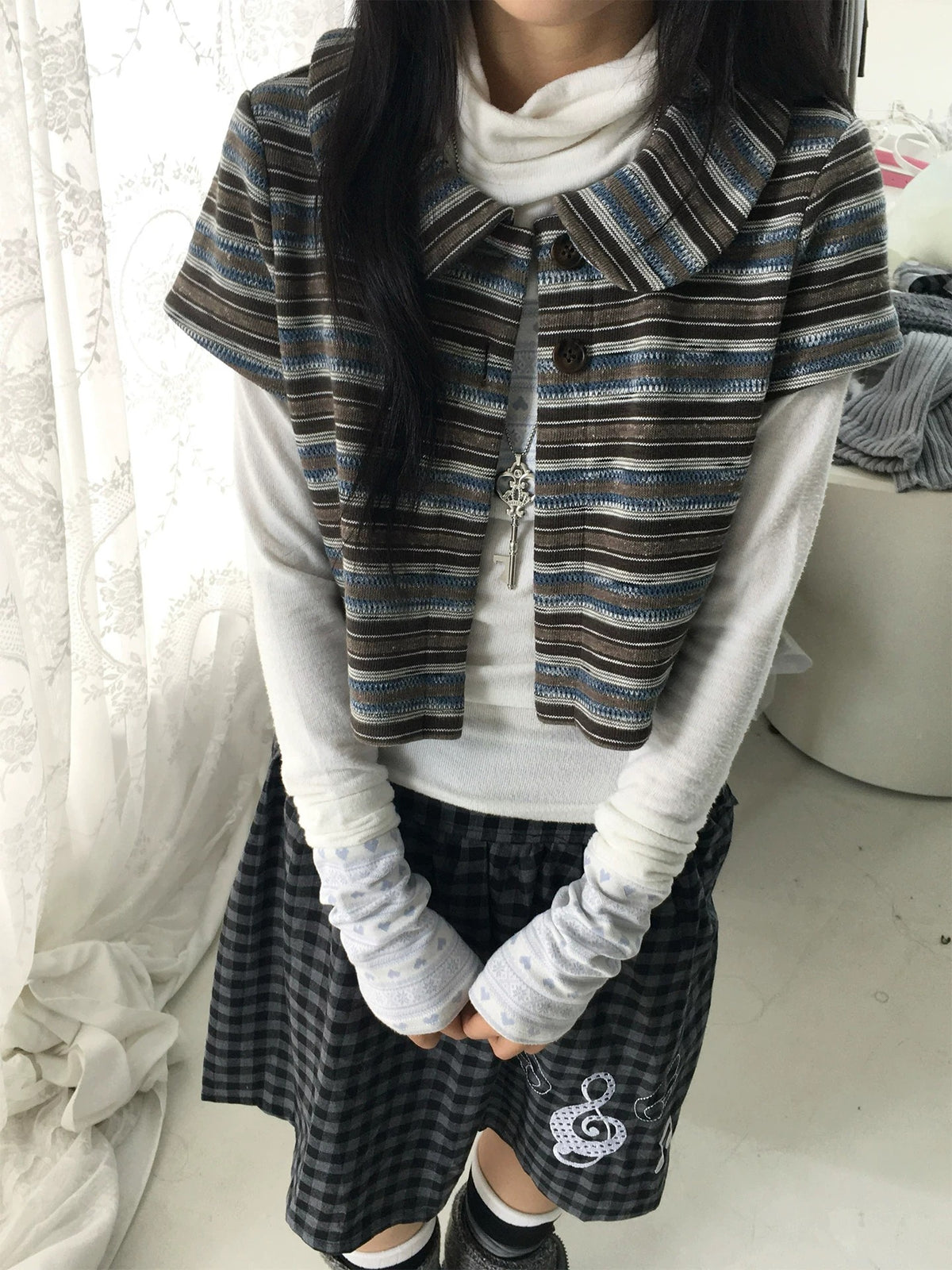 Vintage Blue Stripe Cropped Knit Cardigan Jacket