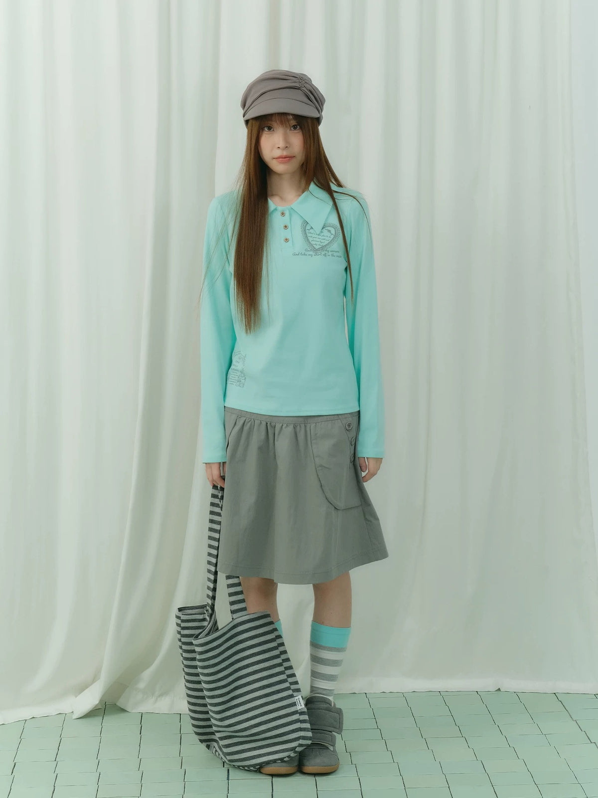 Mint Heart Graphic Long Sleeve Polo Top