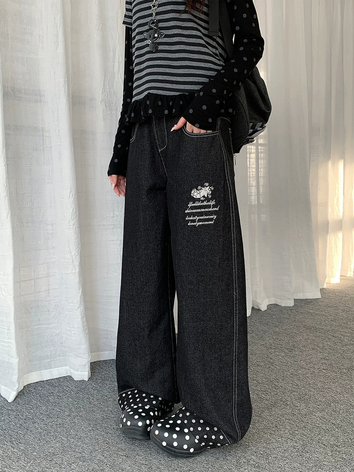 Polka-Dot Cuff Barrel-Leg Jeans