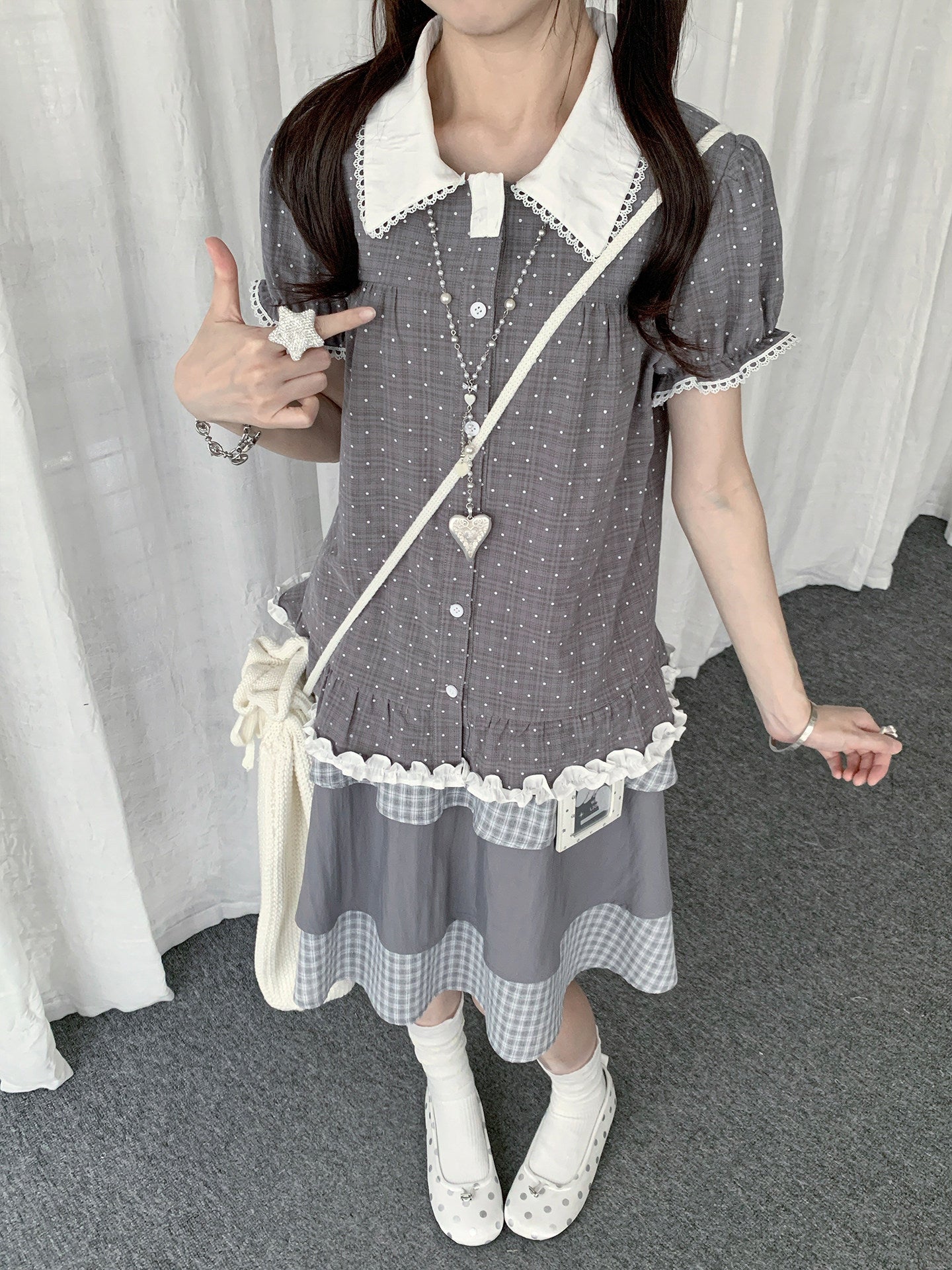 Polka Dot Peter Pan Collar Ruffle-Hem Blouse