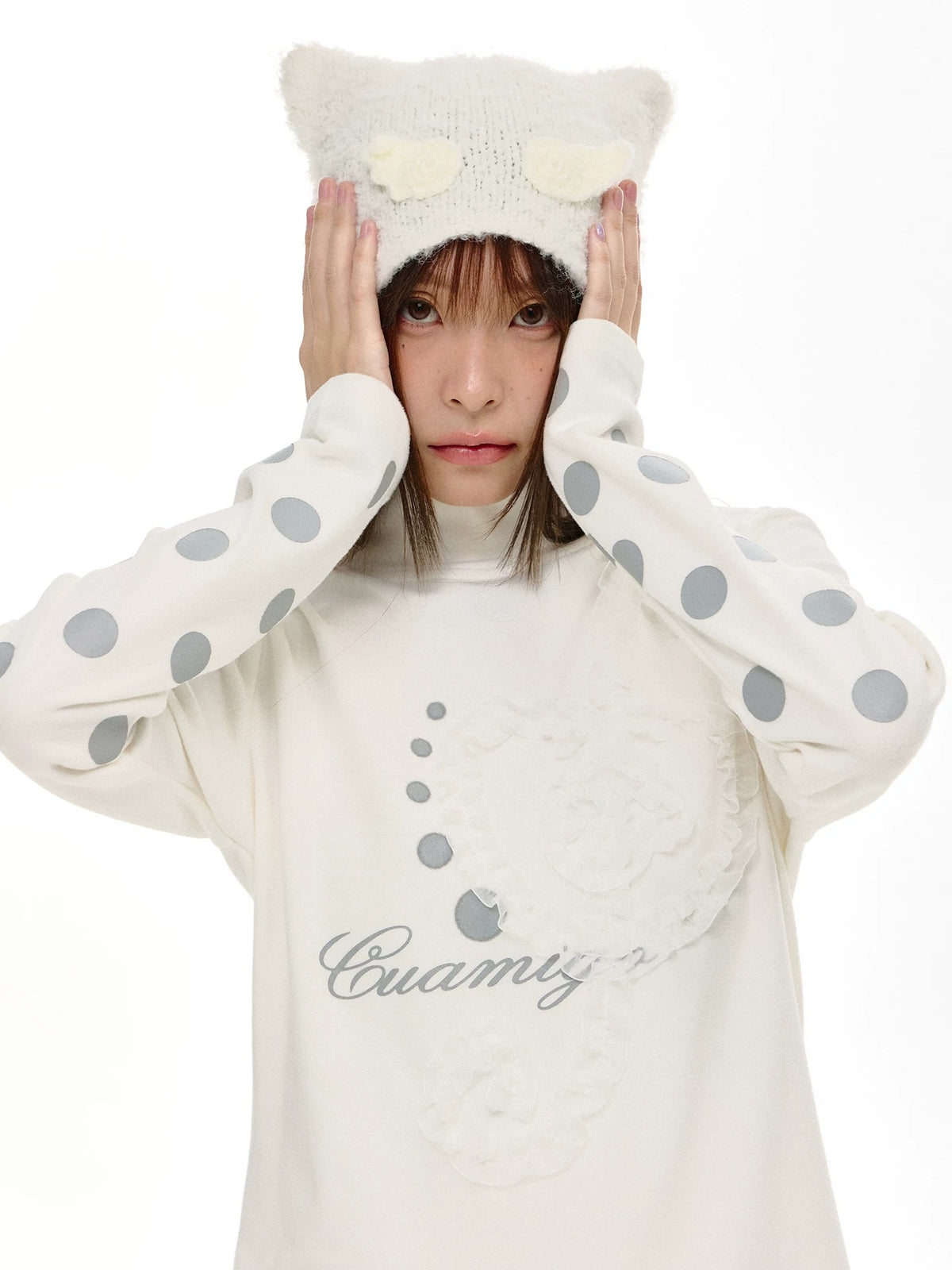 Lace Music Note Appliqué Mock Neck Long Sleeve Top