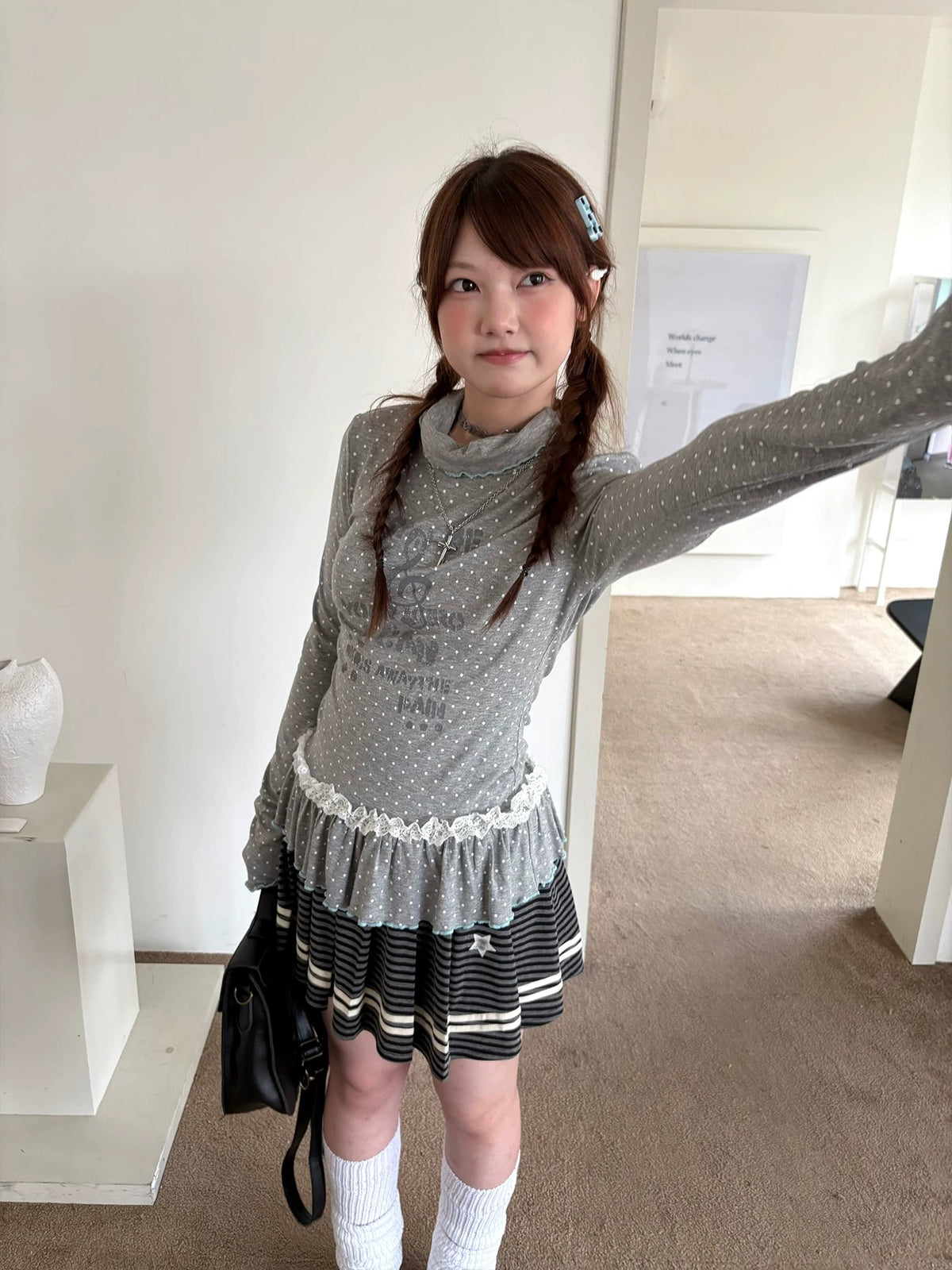 Polka Dot Lace-Trim Mock-Neck Long Sleeve Top