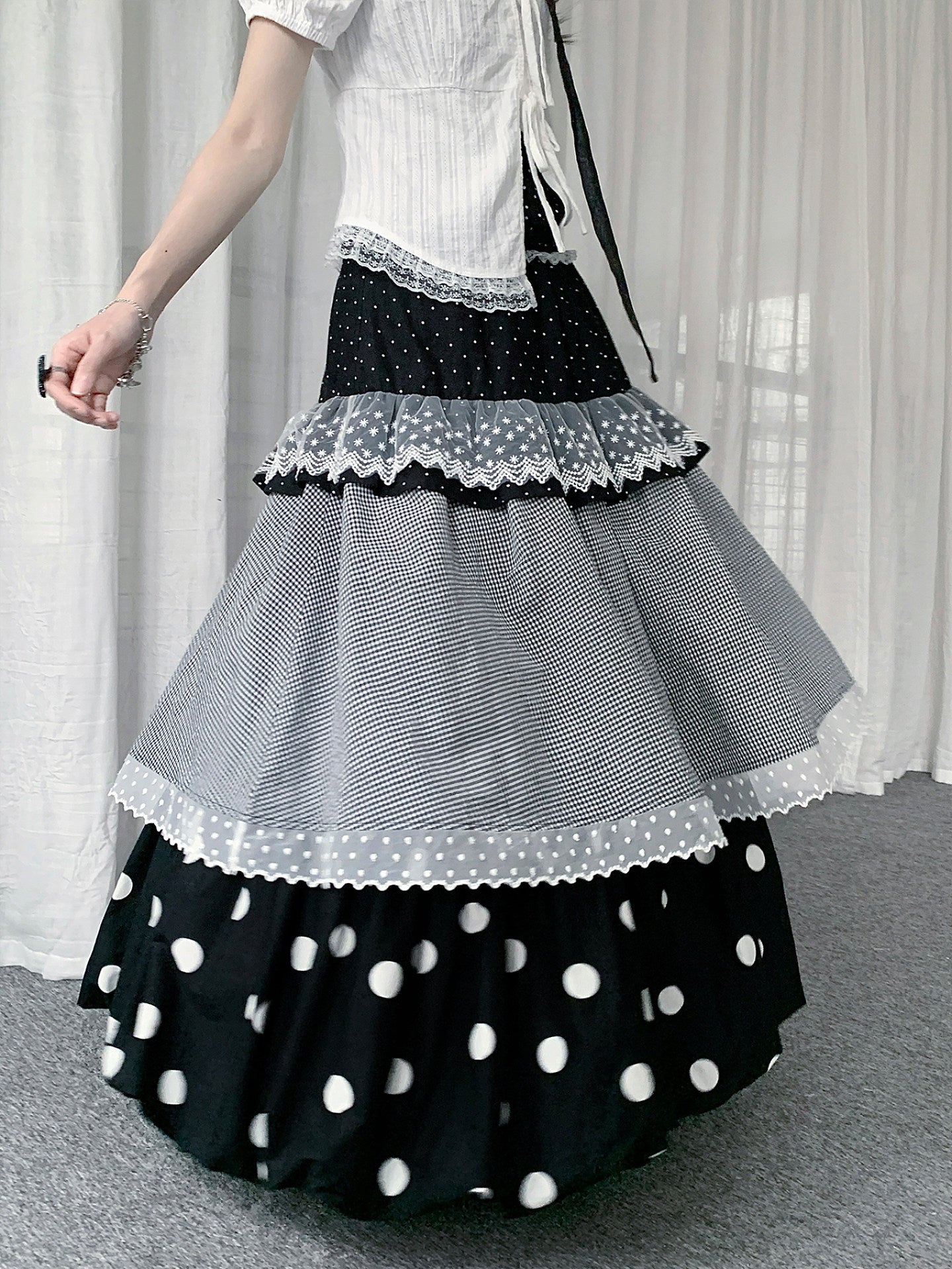 Polka Dot Lace Plaid Tiered Maxi Skirt